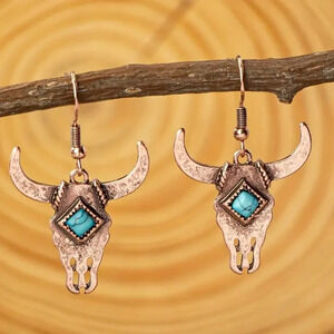 Women’s Boho Bull head Cow Western Earrings Turquoise Dangle